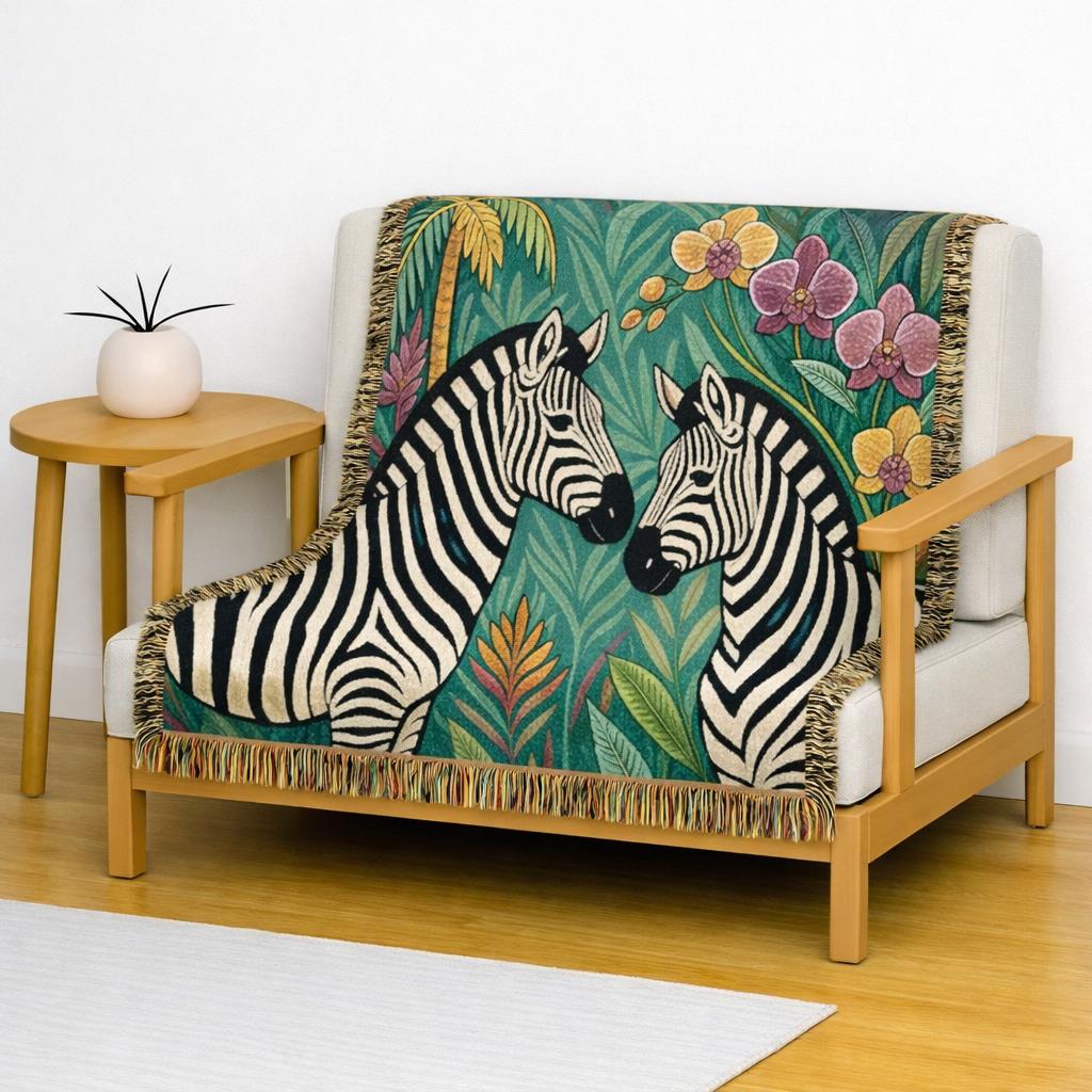 Zebra Jungle Illustration Woven Blanket | Safari Animal Throw