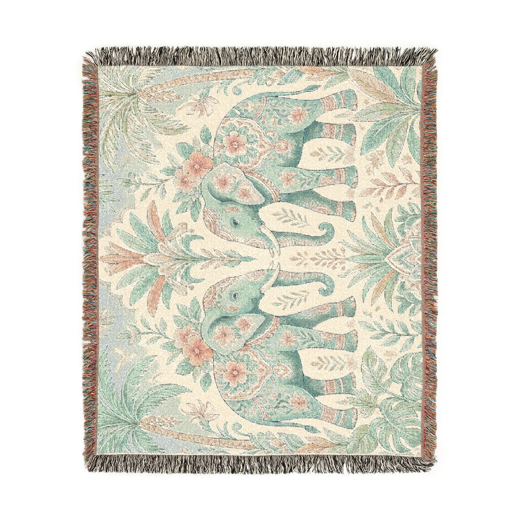 Boho Elephant Tapestry Woven Blanket | Palm Tree Floral Pattern