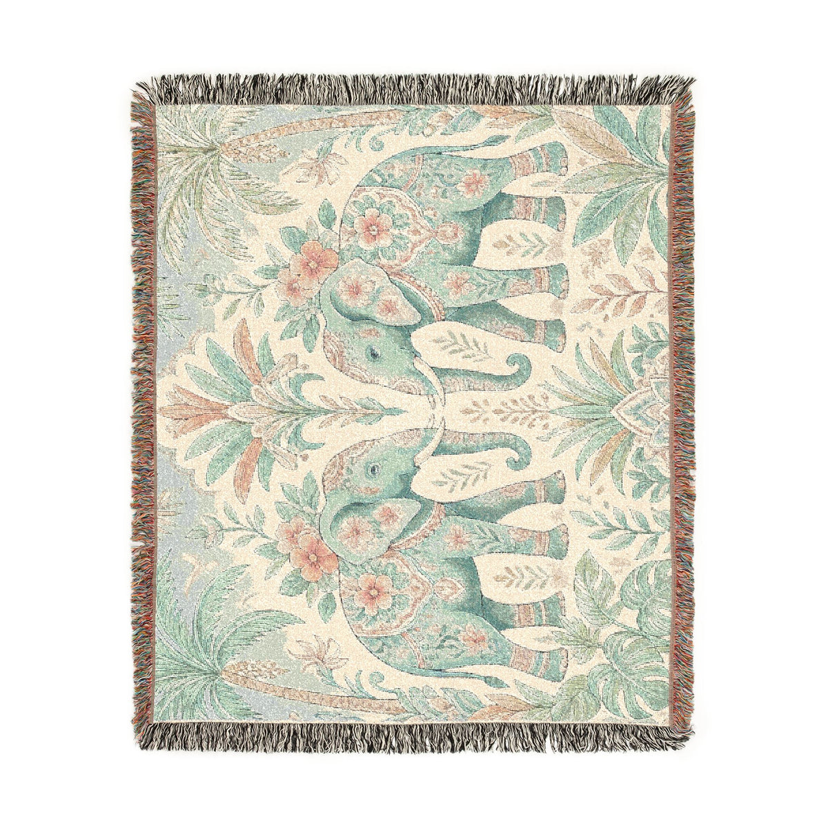 Boho Elephant Tapestry Woven Blanket | Palm Tree Floral Pattern