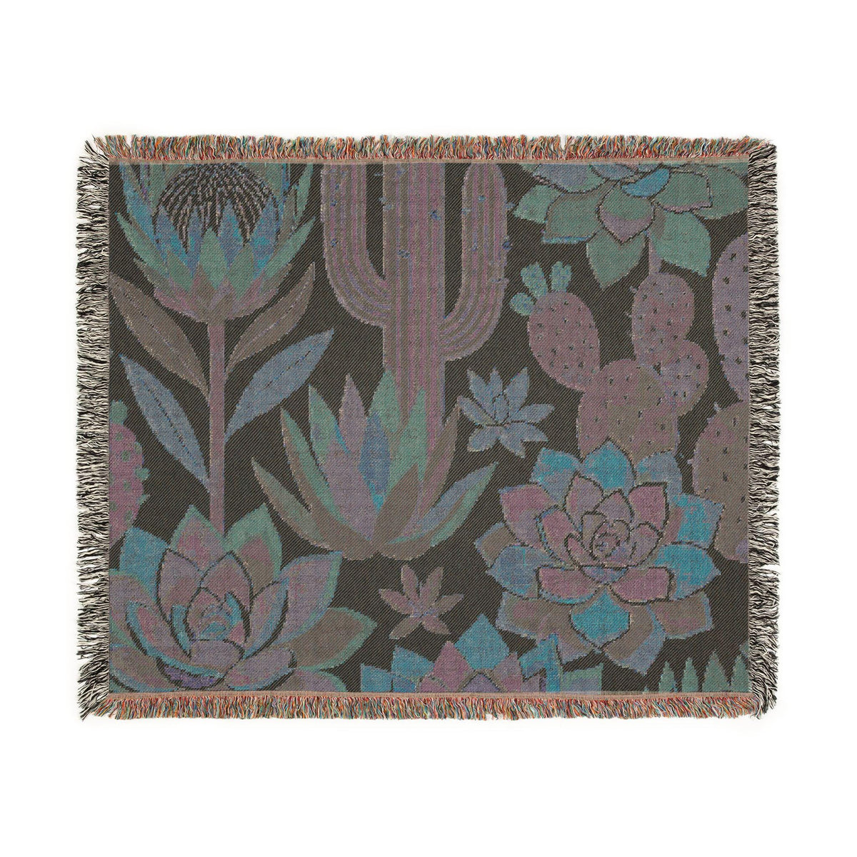Southwestern Cactus Succulent Woven Blanket, Desert Botanical Throw, 100% Cotton Fabric