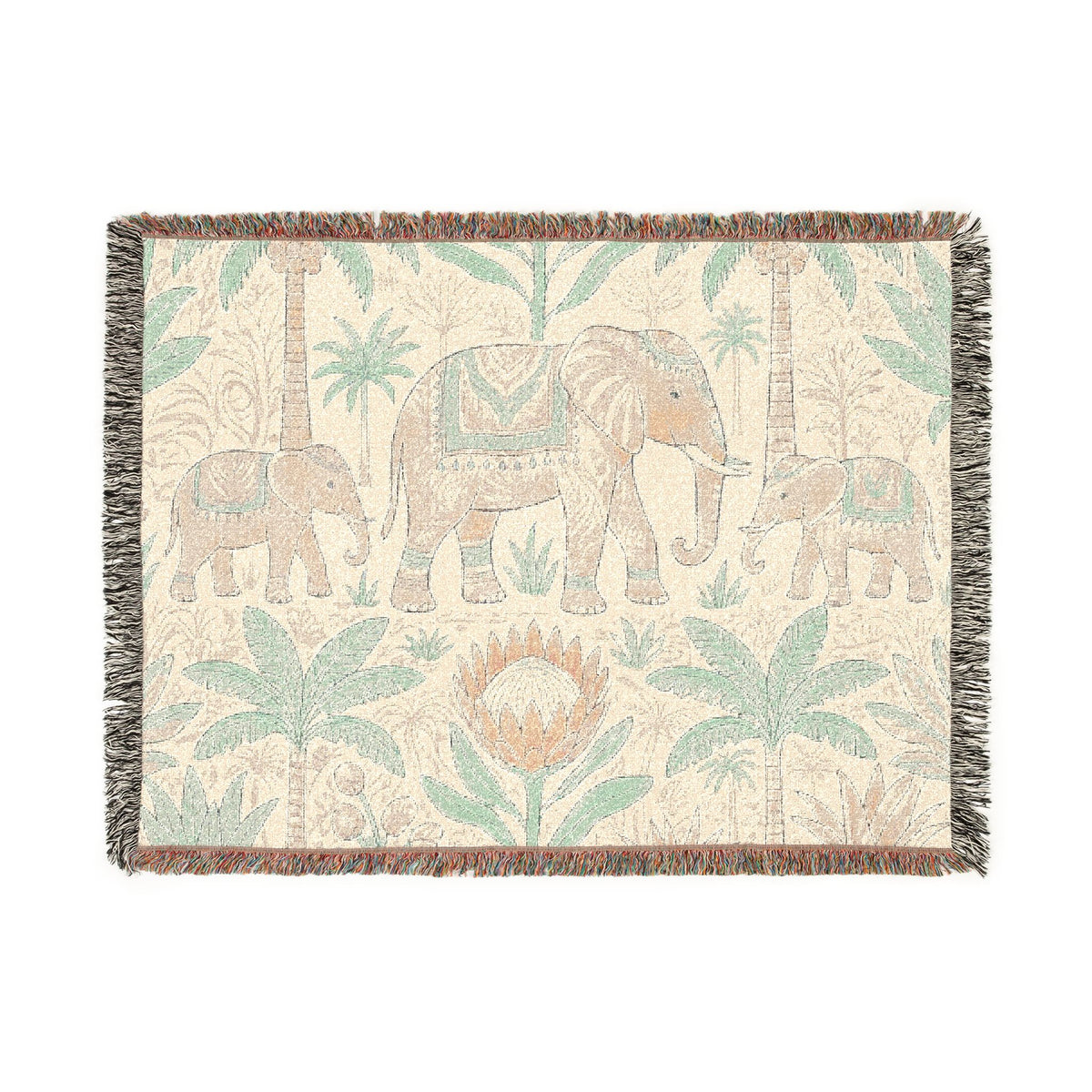 Boho Elephant Family Woven Blanket | Tropical Palm Tapestry Throw
