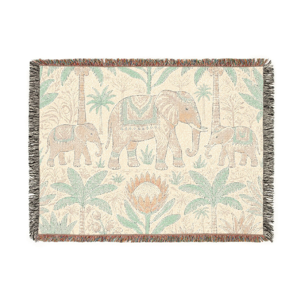 Boho Elephant Family Woven Blanket | Tropical Palm Tapestry Throw