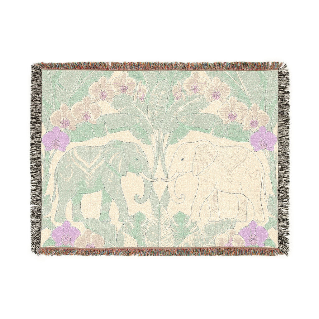 Art Nouveau Elephant Pattern Woven Blanket | Floral Tapestry Throw