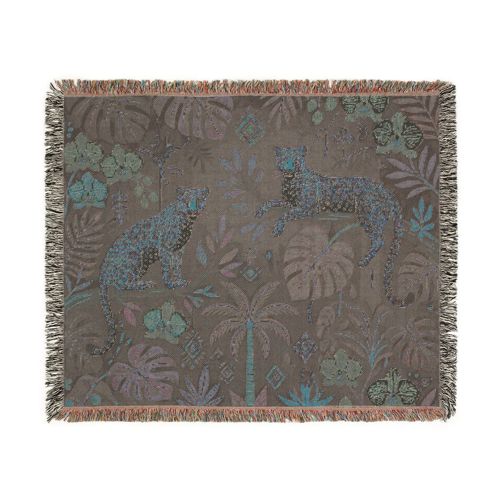 Jungle Leopard Tapestry Woven Blanket | Tropical Foliage Throw