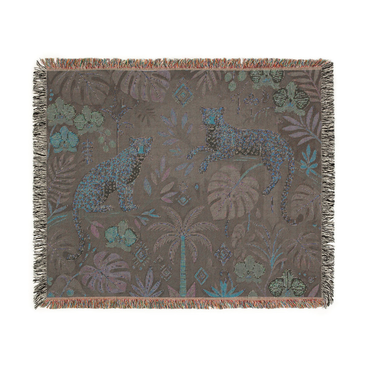 Jungle Leopard Tapestry Woven Blanket | Tropical Foliage Throw