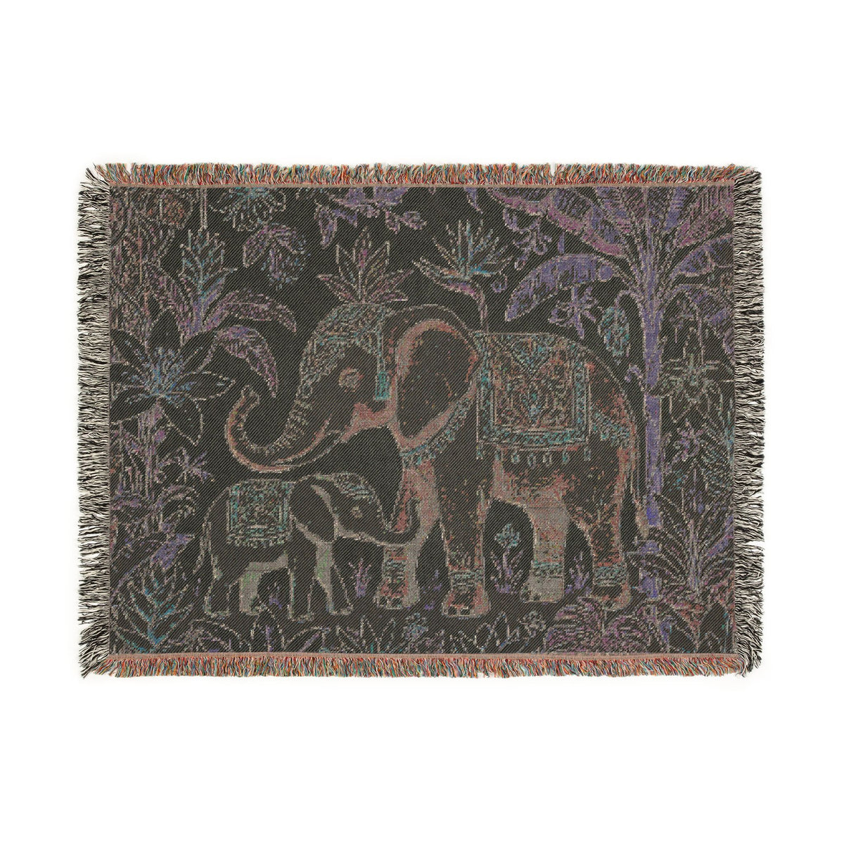 Boho Elephant Family Woven Blanket | Tapestry Throw, Jungle Floral