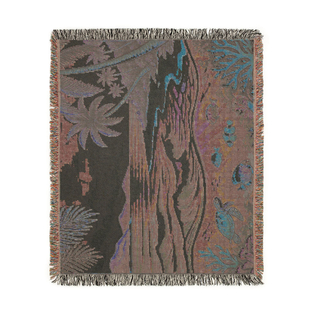 Tropical Beach Scene Woven Blanket | Ocean, Palm Trees, Coral Reef