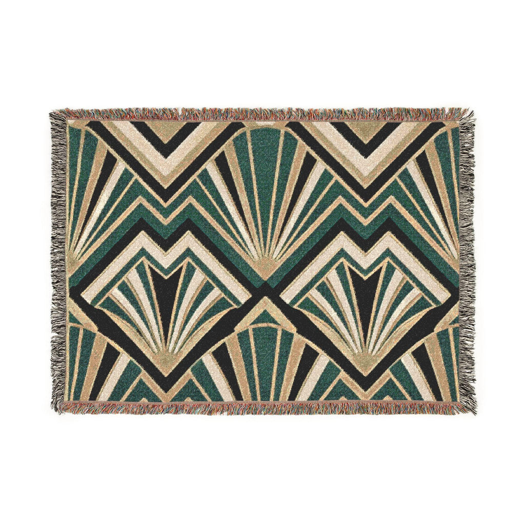 Art Deco Fan Pattern Woven Blanket | Geometric Throw, Retro Chevron Design