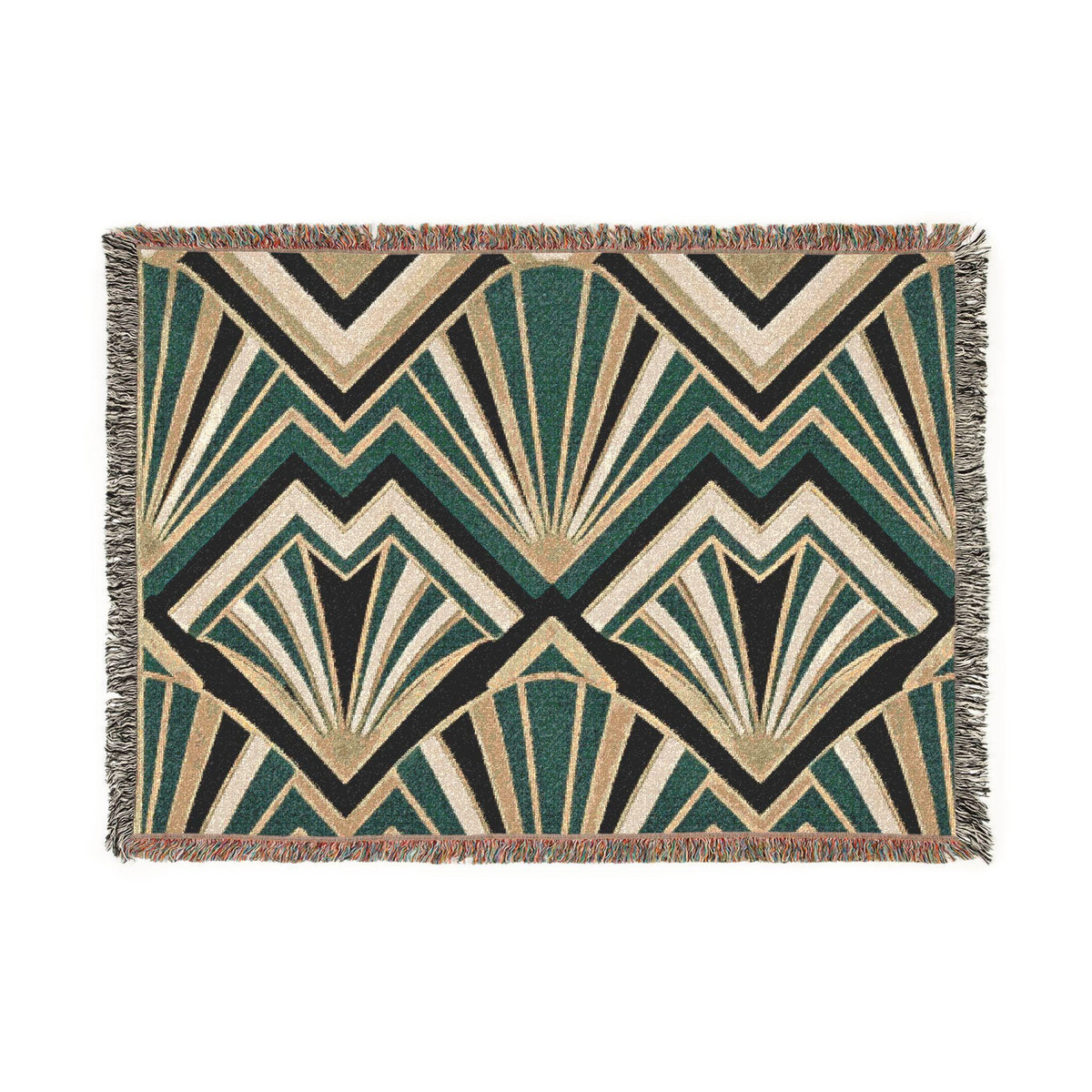 Art Deco Fan Pattern Woven Blanket | Geometric Throw, Retro Chevron Design
