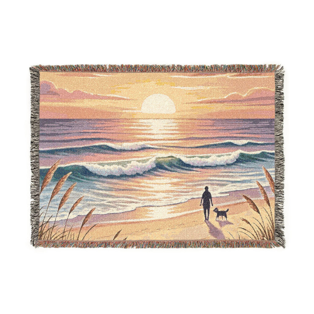 Sunset Beach Walk Woven Blanket | Coastal Ocean Scene Throw
