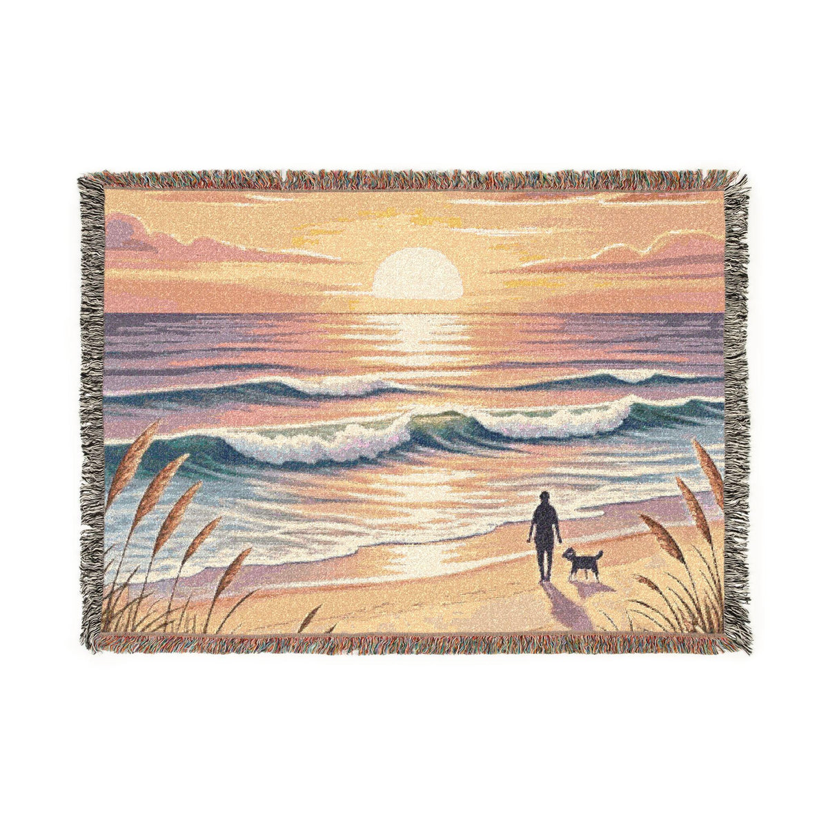 Sunset Beach Walk Woven Blanket | Coastal Ocean Scene Throw