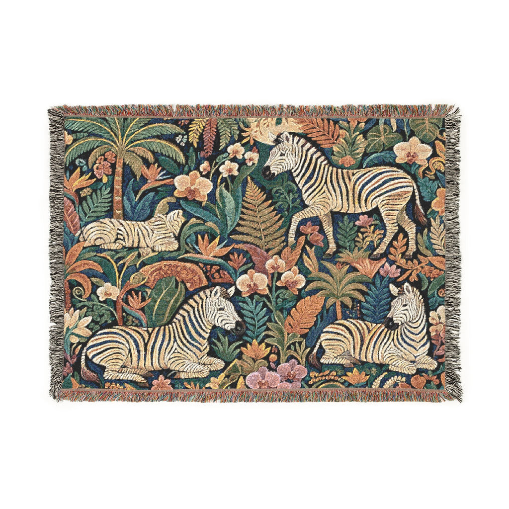 Jungle Zebra Tapestry Woven Blanket | Safari Animal Pattern Throw