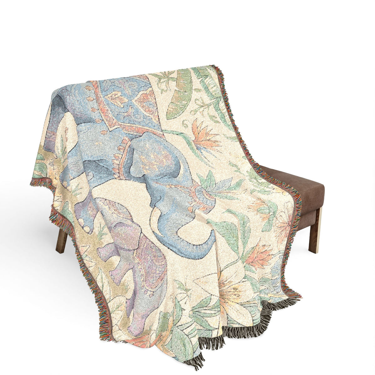 Boho Elephant Family Woven Blanket | Tapestry Throw, Jungle Floral
