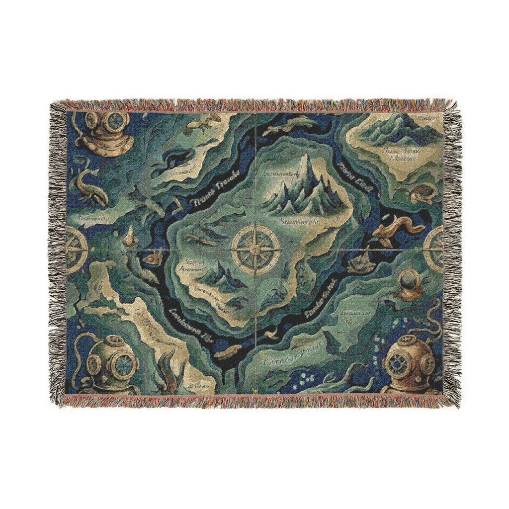 Fantasy Map Woven Blanket | Nautical Compass, Island Landscape Tapestry Throw Deep Sea