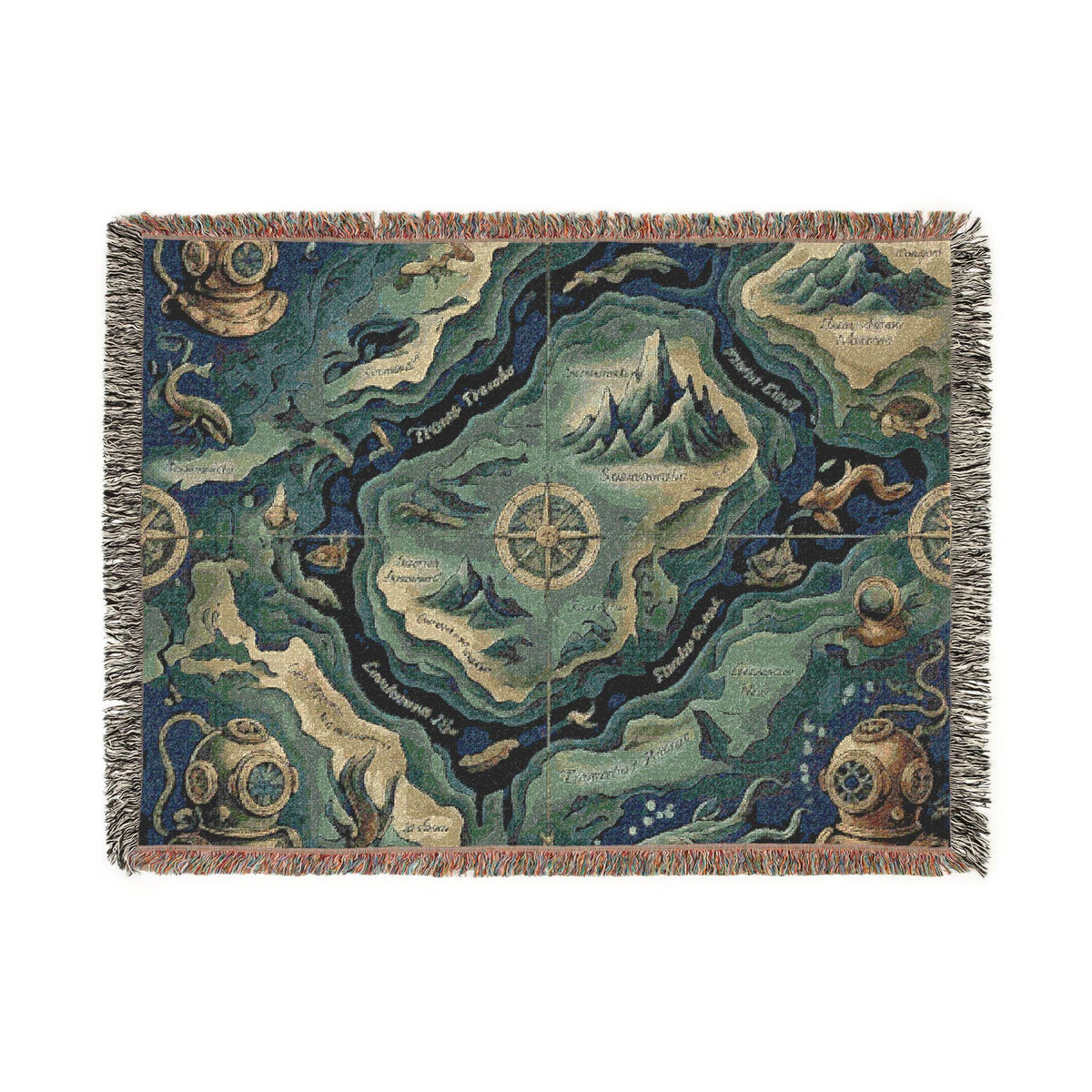 Fantasy Map Woven Blanket | Nautical Compass, Island Landscape Tapestry Throw Deep Sea