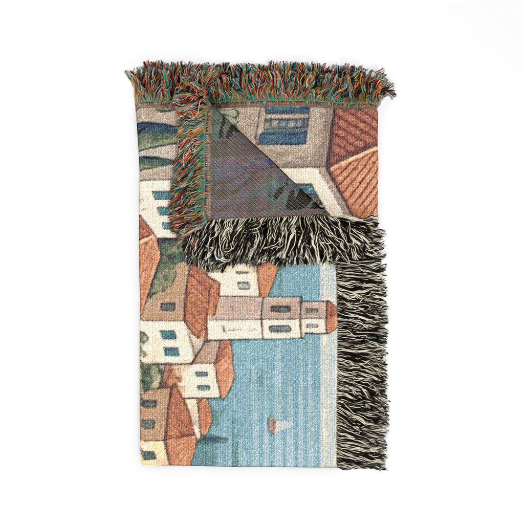 Mediterranean Coastal Village Woven Blanket | Seaside Tapestry Throw