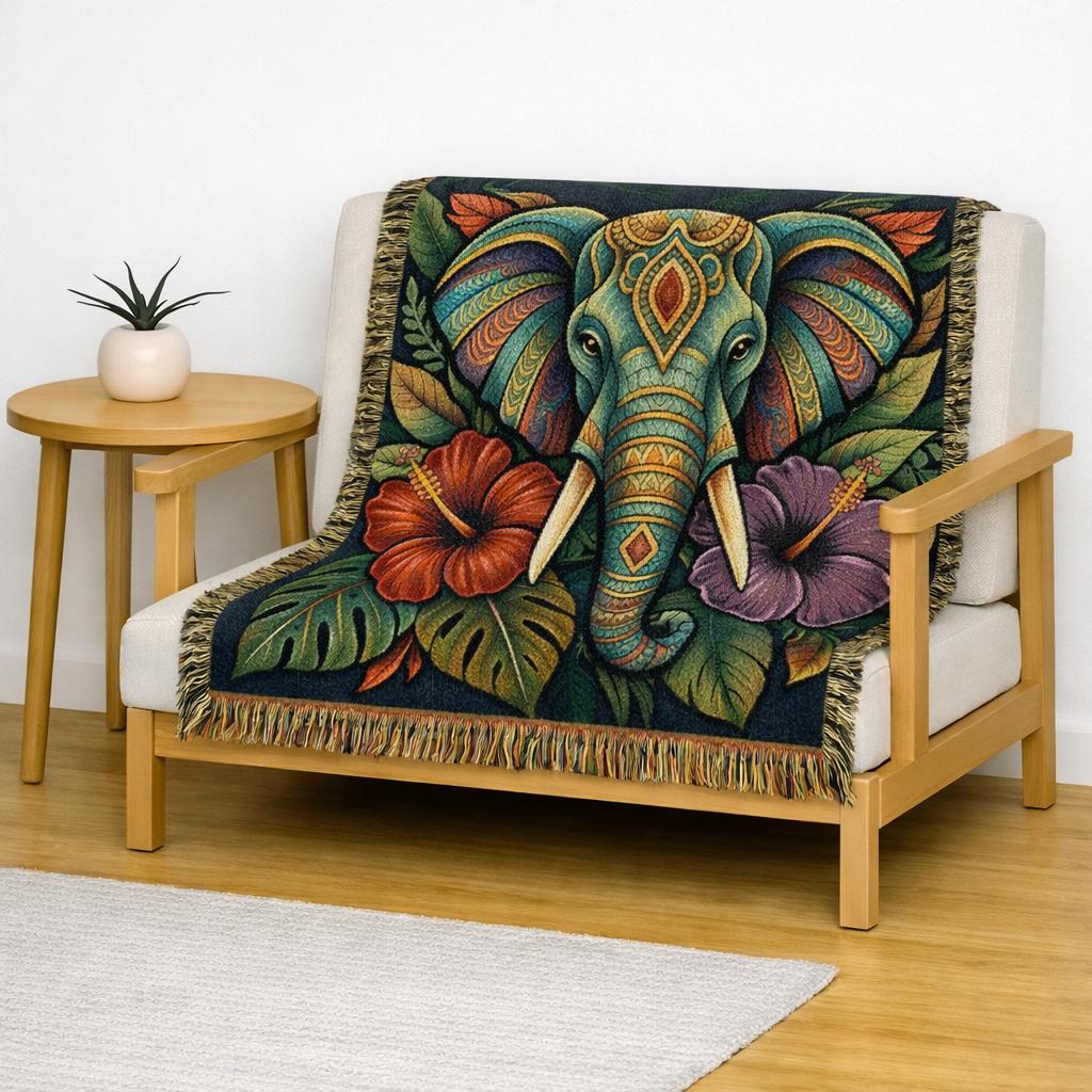 Colorful Boho Elephant Woven Blanket | Floral Tribal Elephant Throw