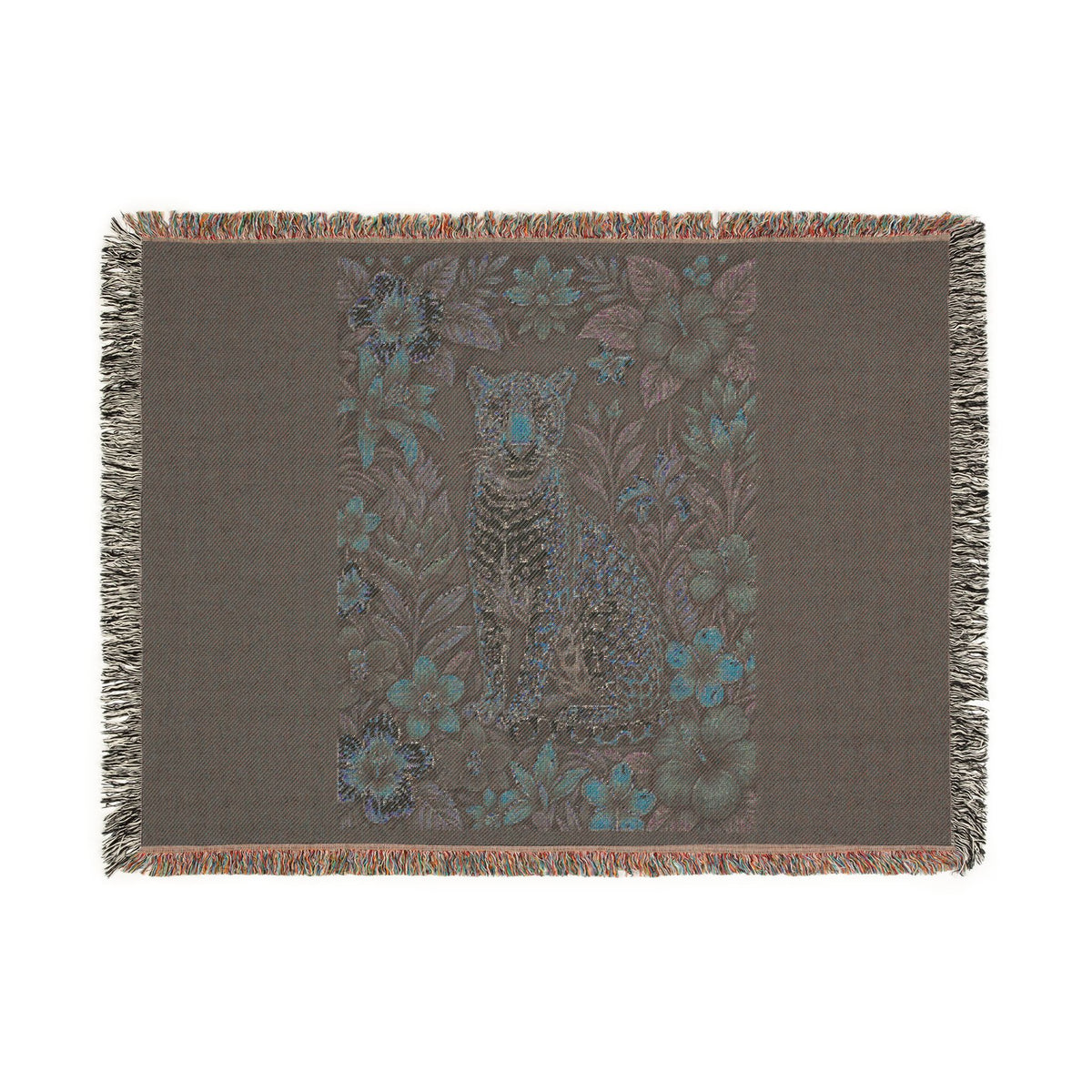 Floral Leopard Tapestry Woven Blanket | Vintage Botanical Cat Motif