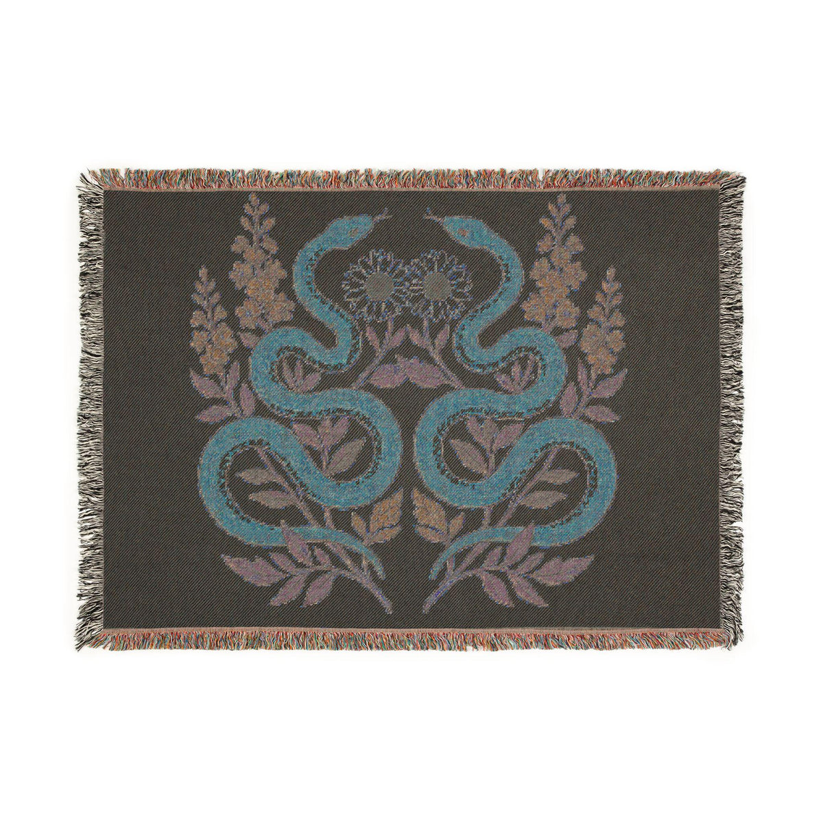 Twin Snakes Floral Woven Blanket | Boho Serpent Tapestry Throw