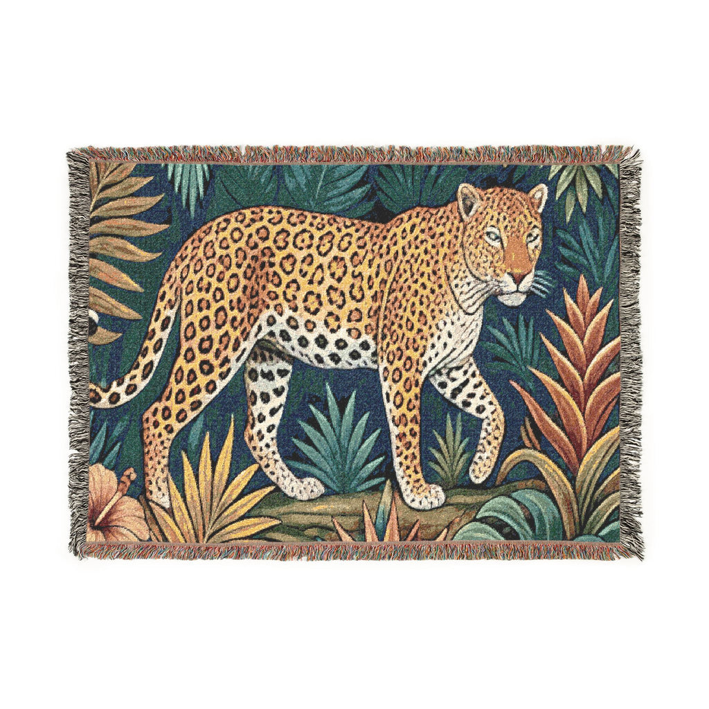 Leopard Jungle Tapestry Woven Blanket | Botanical Animal Throw