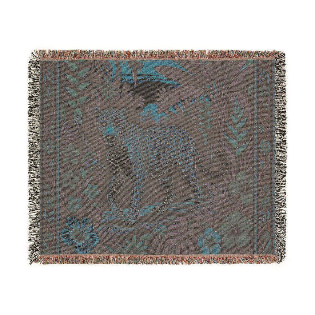 Jungle Leopard Woven Blanket | Tropical Floral Tapestry Throw