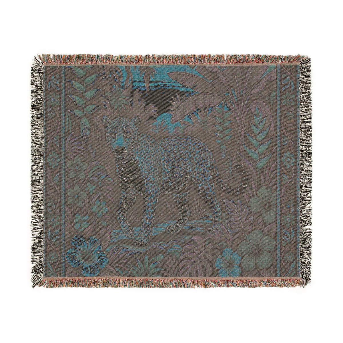 Jungle Leopard Woven Blanket | Tropical Floral Tapestry Throw
