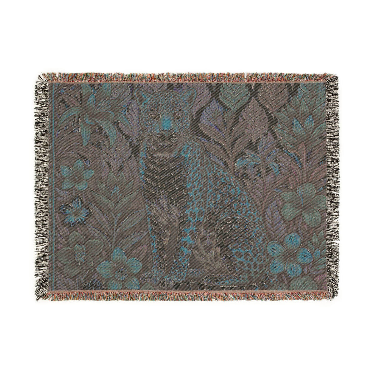 Floral Leopard Woven Blanket | Tapestry Throw, Botanical Animal Design