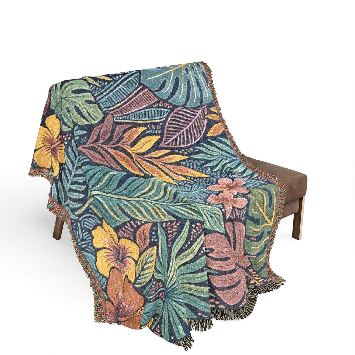 Tropical Floral Woven Blanket | Botanical Leaves Hibiscus Throw