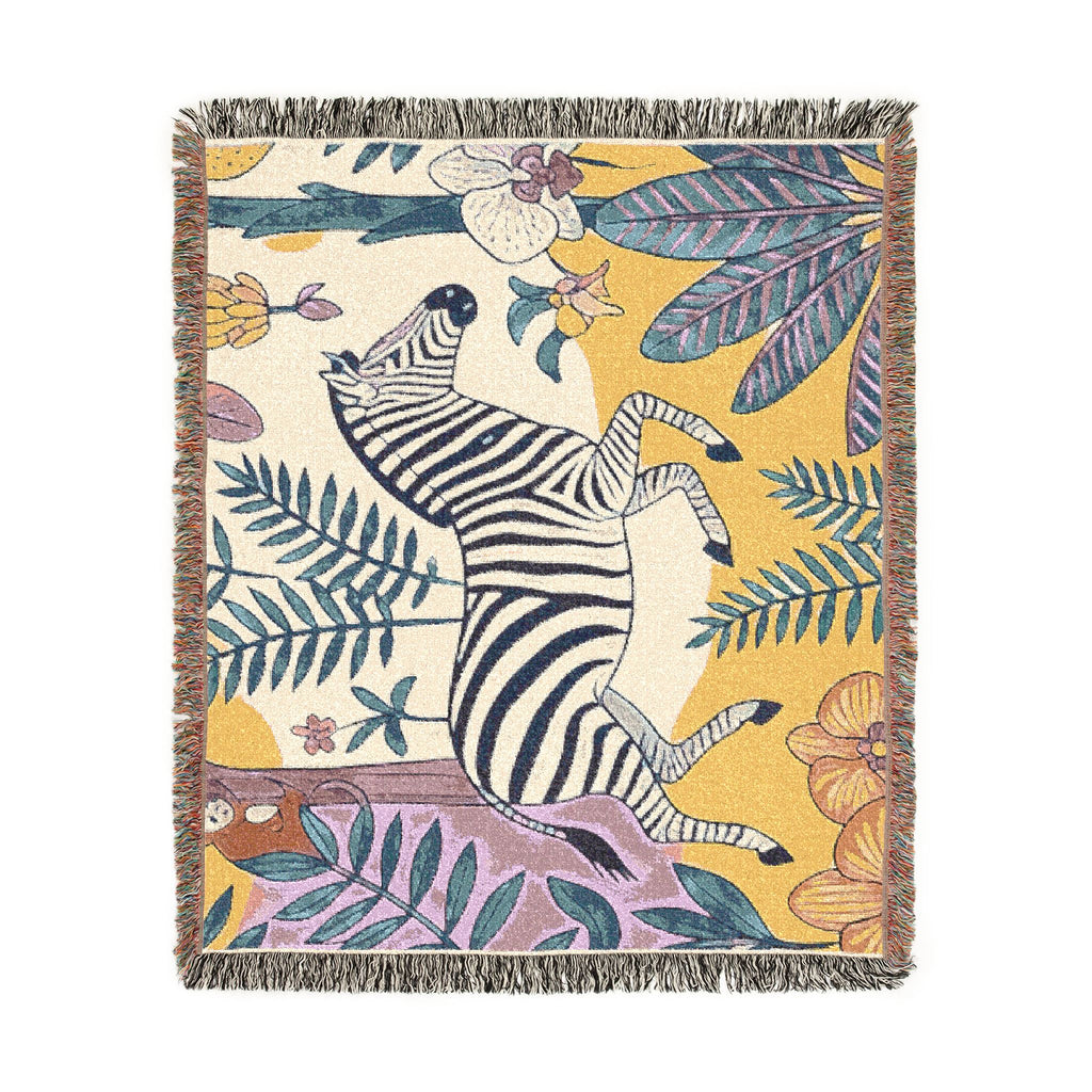 Zebra Jungle Illustration Woven Blanket | Botanical Animal Throw