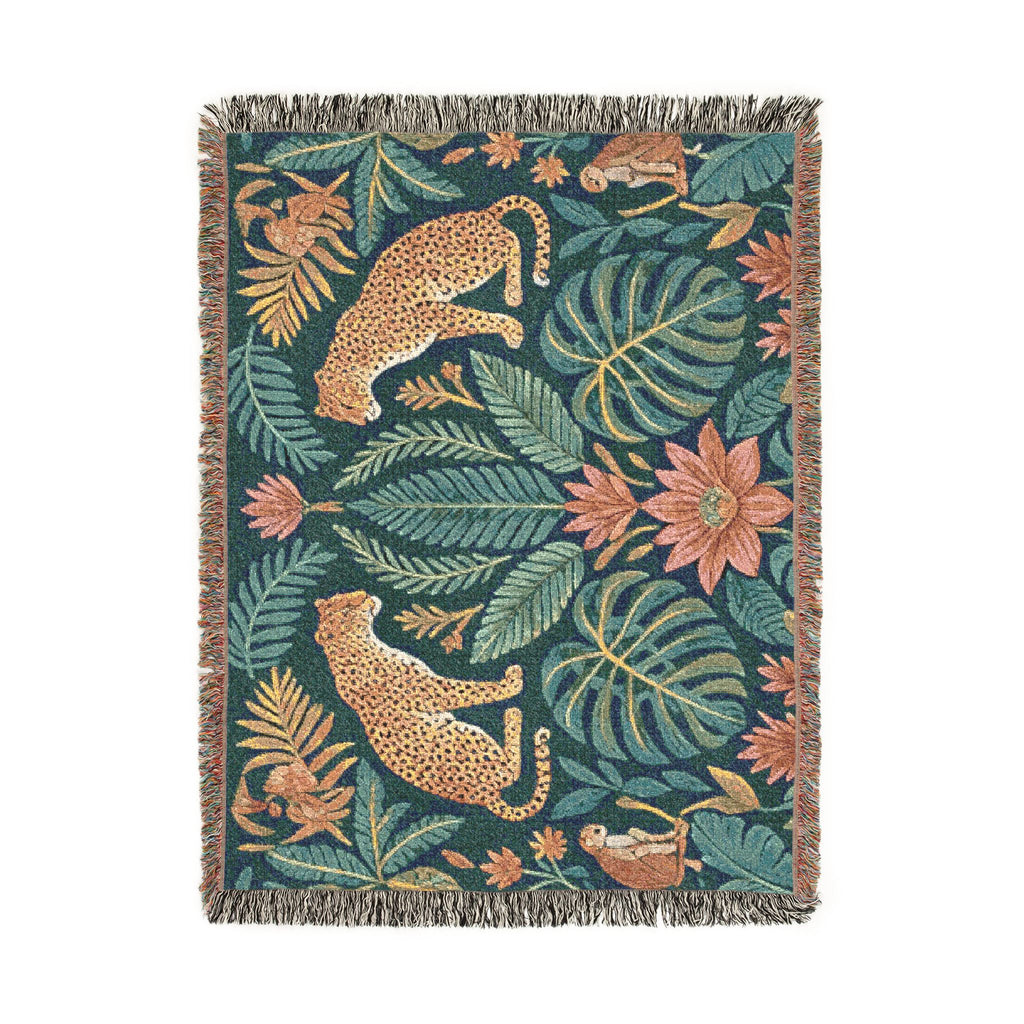 Tropical Leopard Jungle Woven Blanket | Botanical Throw, Tapestry Style