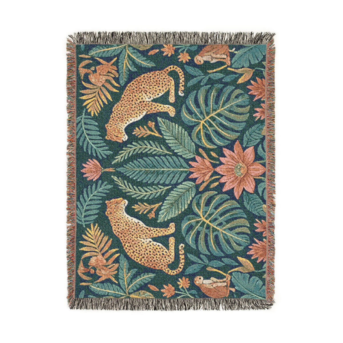 Tropical Leopard Jungle Woven Blanket | Botanical Throw, Tapestry Style