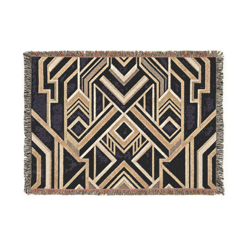 Art Deco Geometric Pattern Woven Blanket | Gold Navy Throw