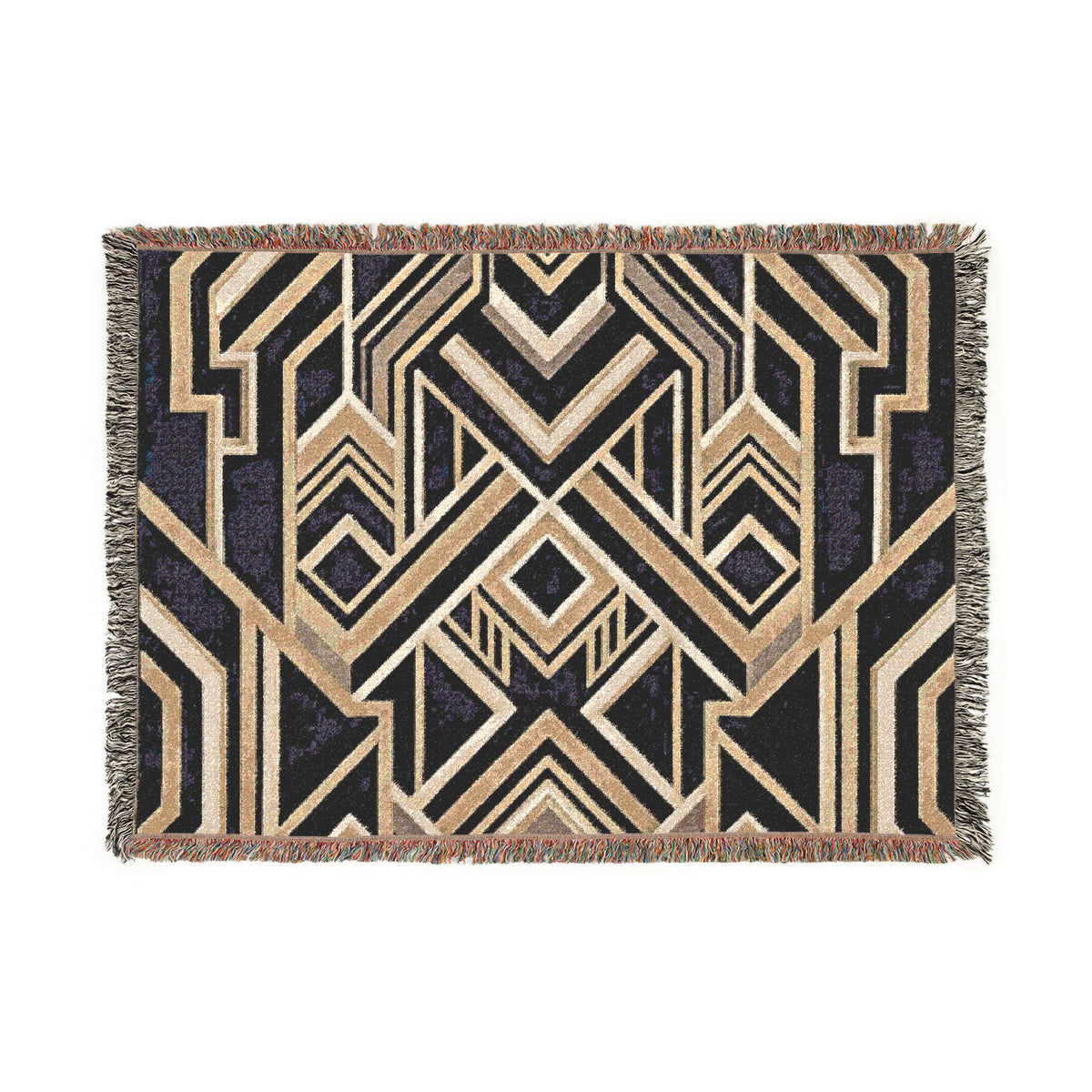 Art Deco Geometric Pattern Woven Blanket | Gold Navy Throw