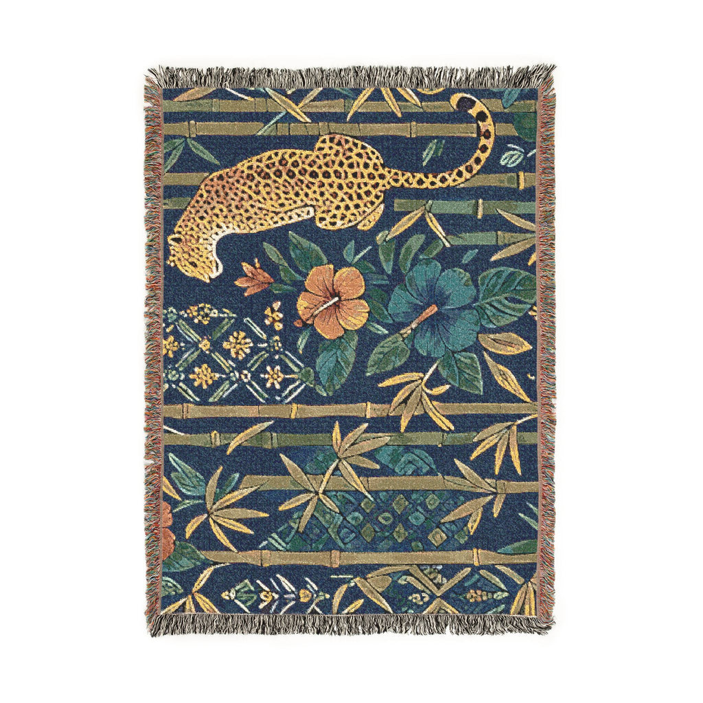Golden Leopard Floral Woven Blanket | Tropical Bamboo Throw