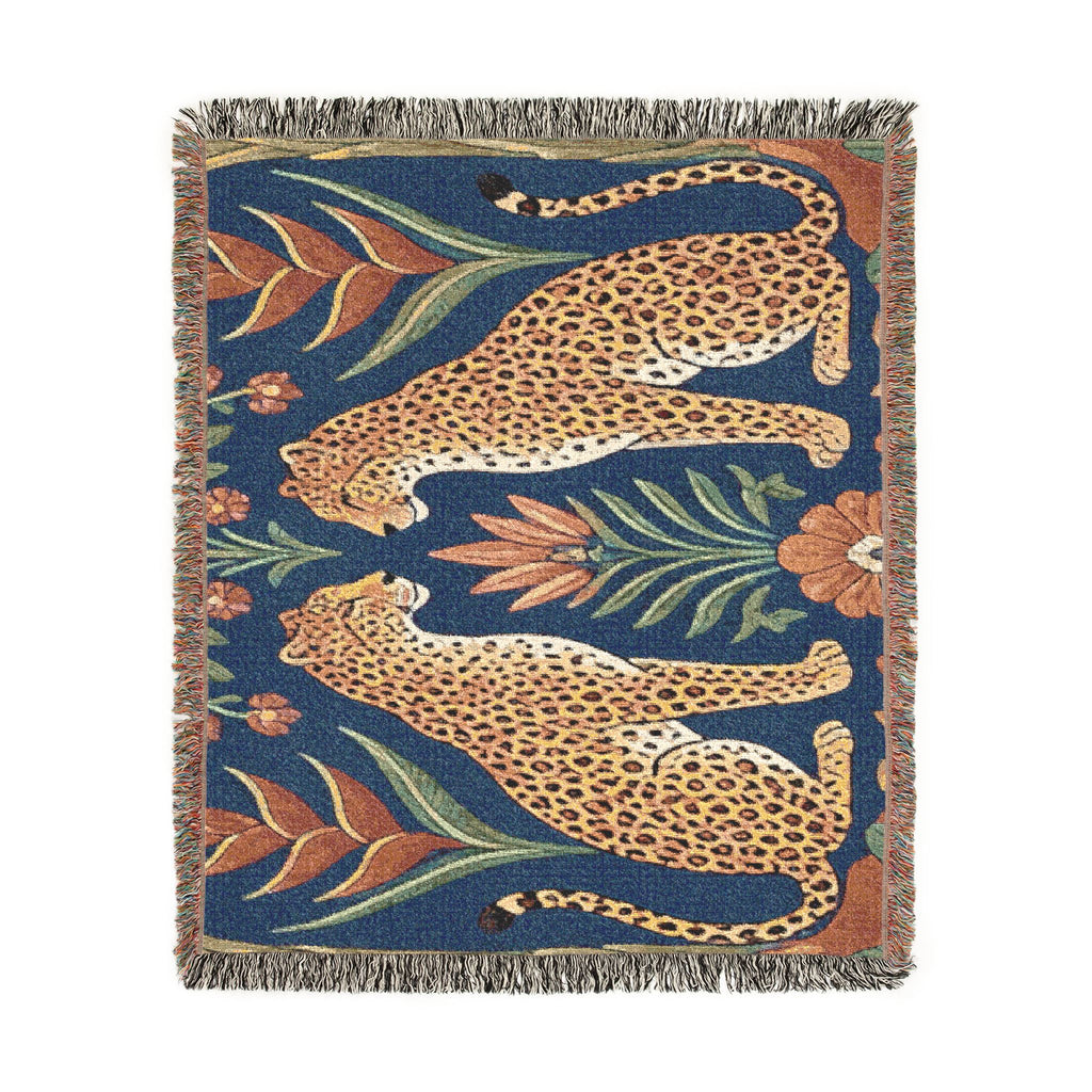 Two Sitting Leopards Woven Blanket | Botanical Motif, Tapestry Throw