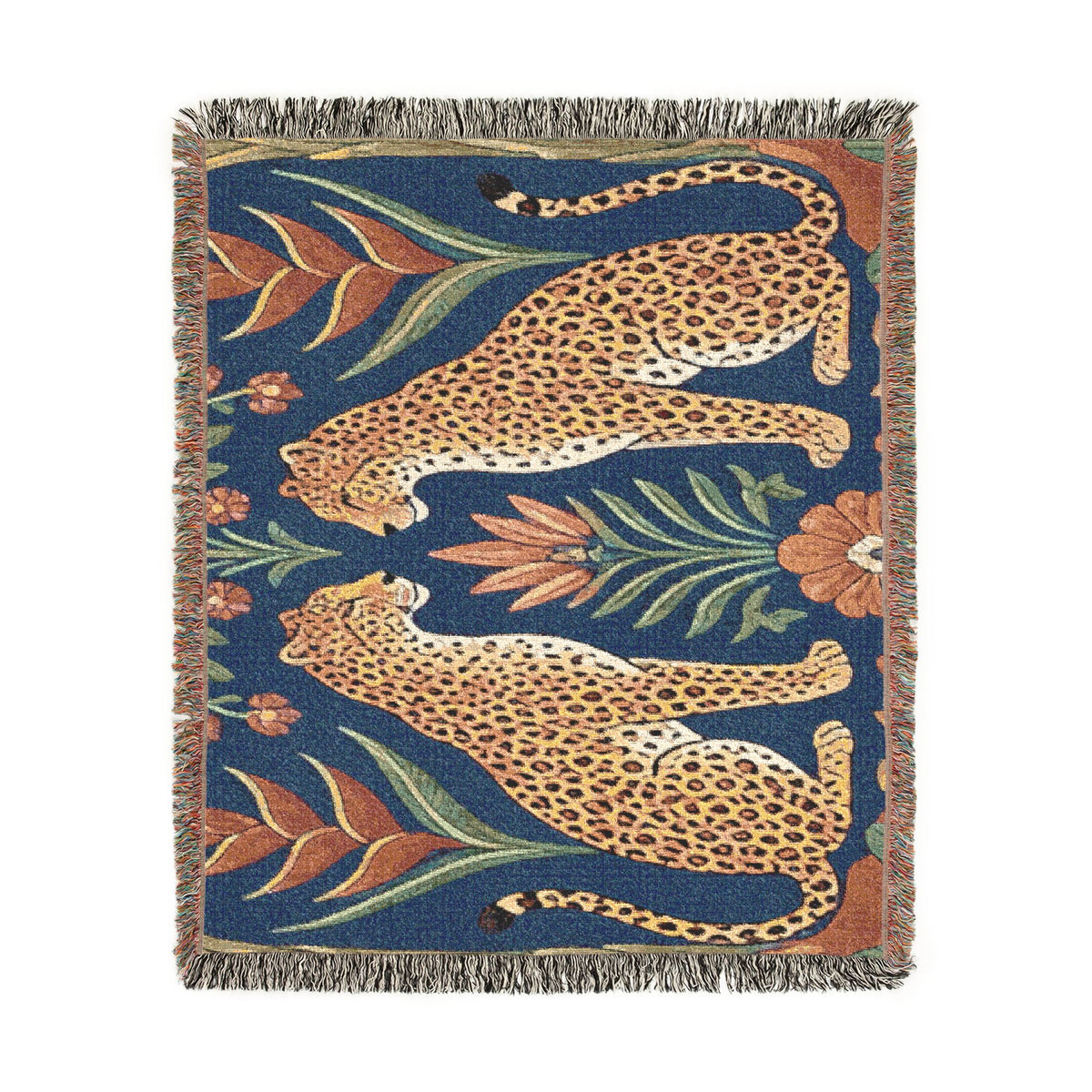 Two Sitting Leopards Woven Blanket | Botanical Motif, Tapestry Throw