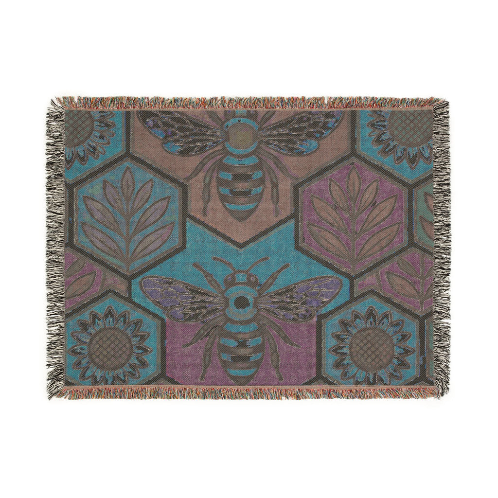 Bee and Sunflower Hexagon Woven Blanket | Honeybee Tapestry Throw