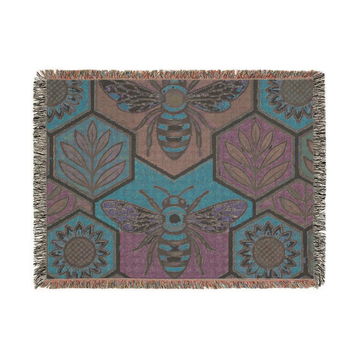 Bee and Sunflower Hexagon Woven Blanket | Honeybee Tapestry Throw
