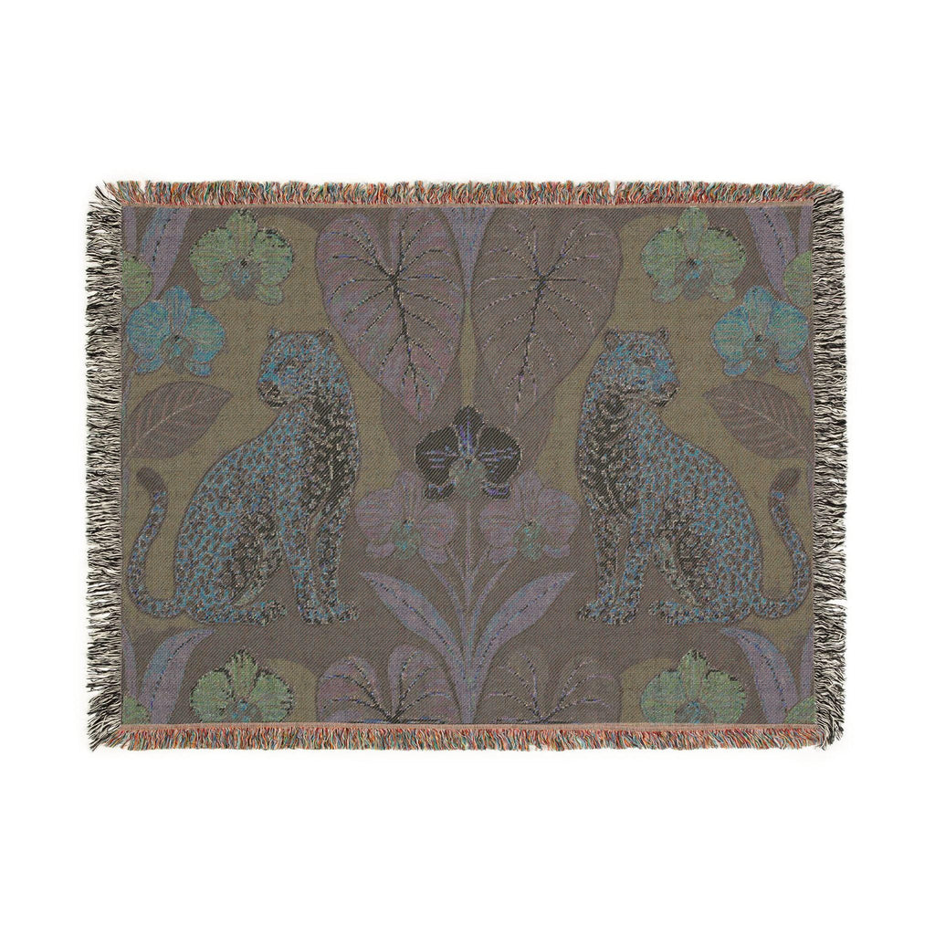 Leopard Botanical Woven Blanket | Tropical Leaves, Orchid Motif