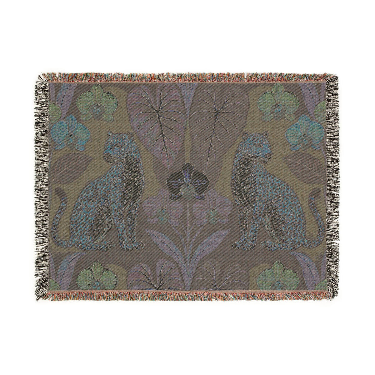 Leopard Botanical Woven Blanket | Tropical Leaves, Orchid Motif