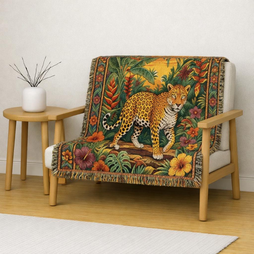 Jungle Leopard Woven Blanket | Tropical Floral Tapestry Throw