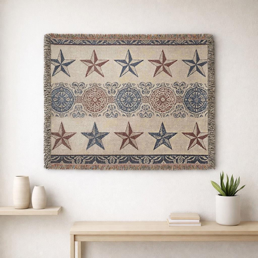 Rustic Star Pattern Woven Blanket | Southwestern Throw, Fringe Edge