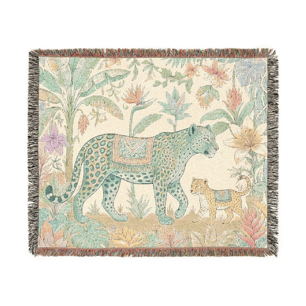 Leopard & Cub Floral Tapestry Woven Blanket | Boho Jungle Animal Throw