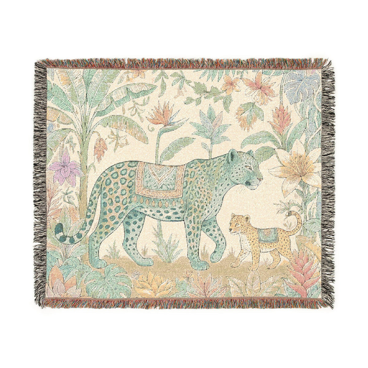Leopard & Cub Floral Tapestry Woven Blanket | Boho Jungle Animal Throw