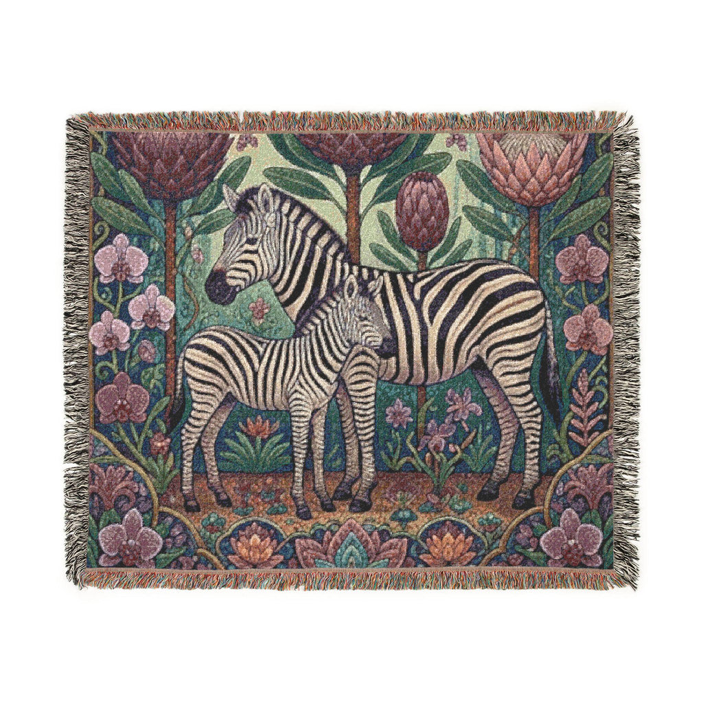 Zebra Mother and Foal Woven Blanket | Floral Tapestry Throw