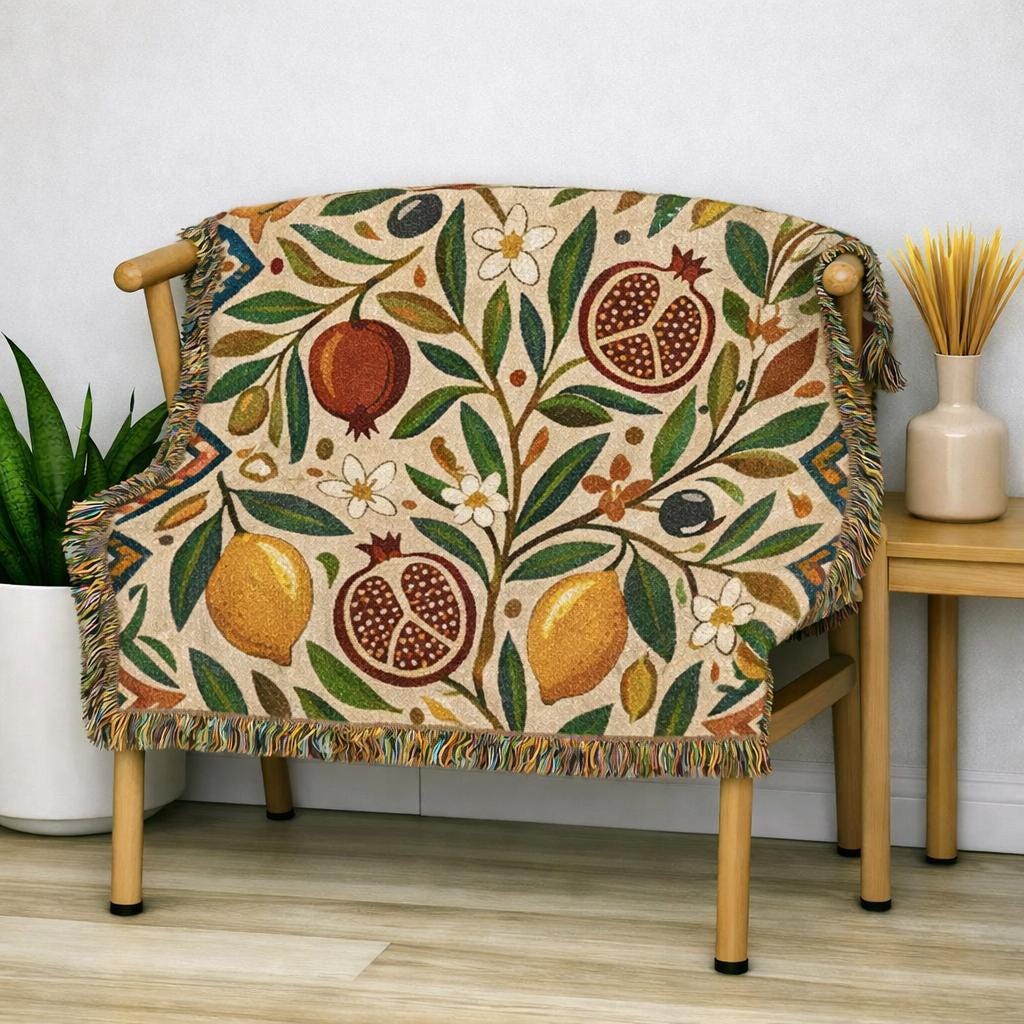 Pomegranate Olive Branch Woven Blanket | Botanical Throw