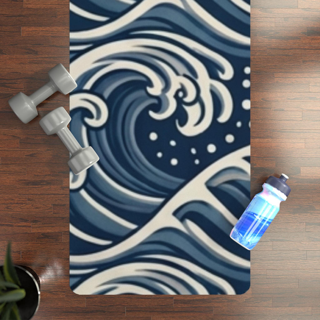 Ocean Wave Pattern Rubber Yoga Mat | Blue Japanese Wave Design
