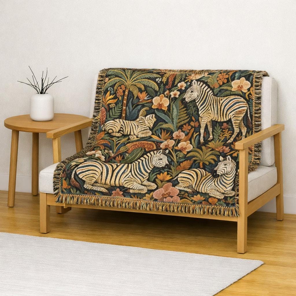 Zebra Jungle Tapestry Woven Blanket | Tropical Animal Throw