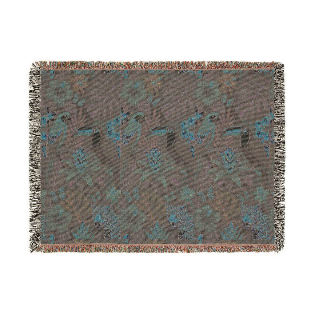 Tropical Toucan Floral Woven Blanket | Jungle Leaves Tapestry Throw