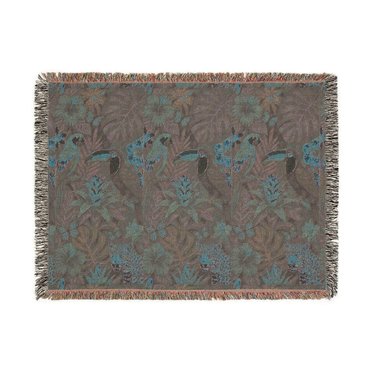 Tropical Toucan Floral Woven Blanket | Jungle Leaves Tapestry Throw